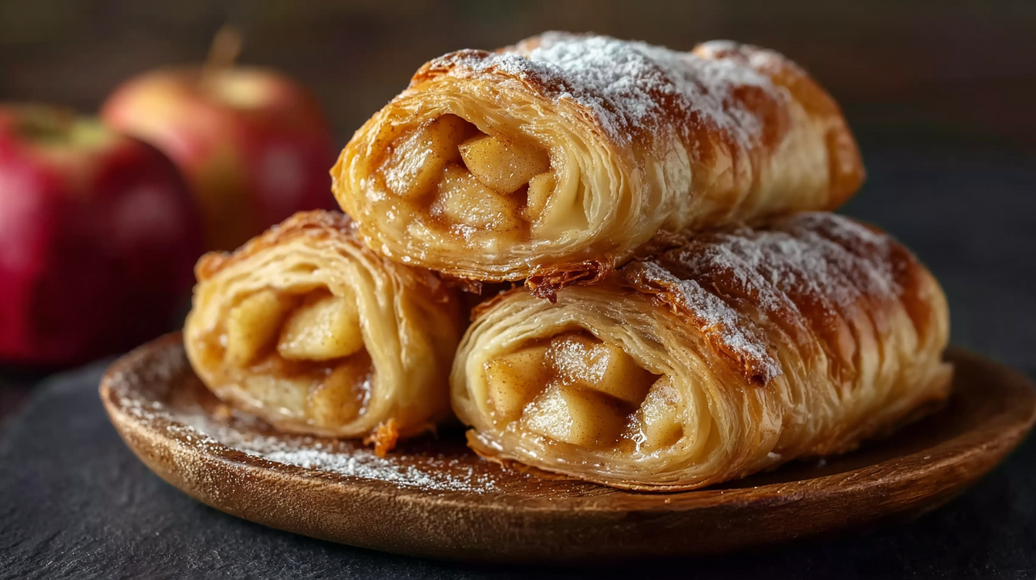 Roulés Feuilletés aux Pommes sans gluten dorés sur une table rustique