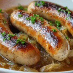 Saucisses à la moutarde et aux oignons fondants dans une poêle rustique
