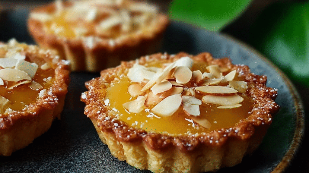 Tartelettes à la crème d’amande servies avec du thé