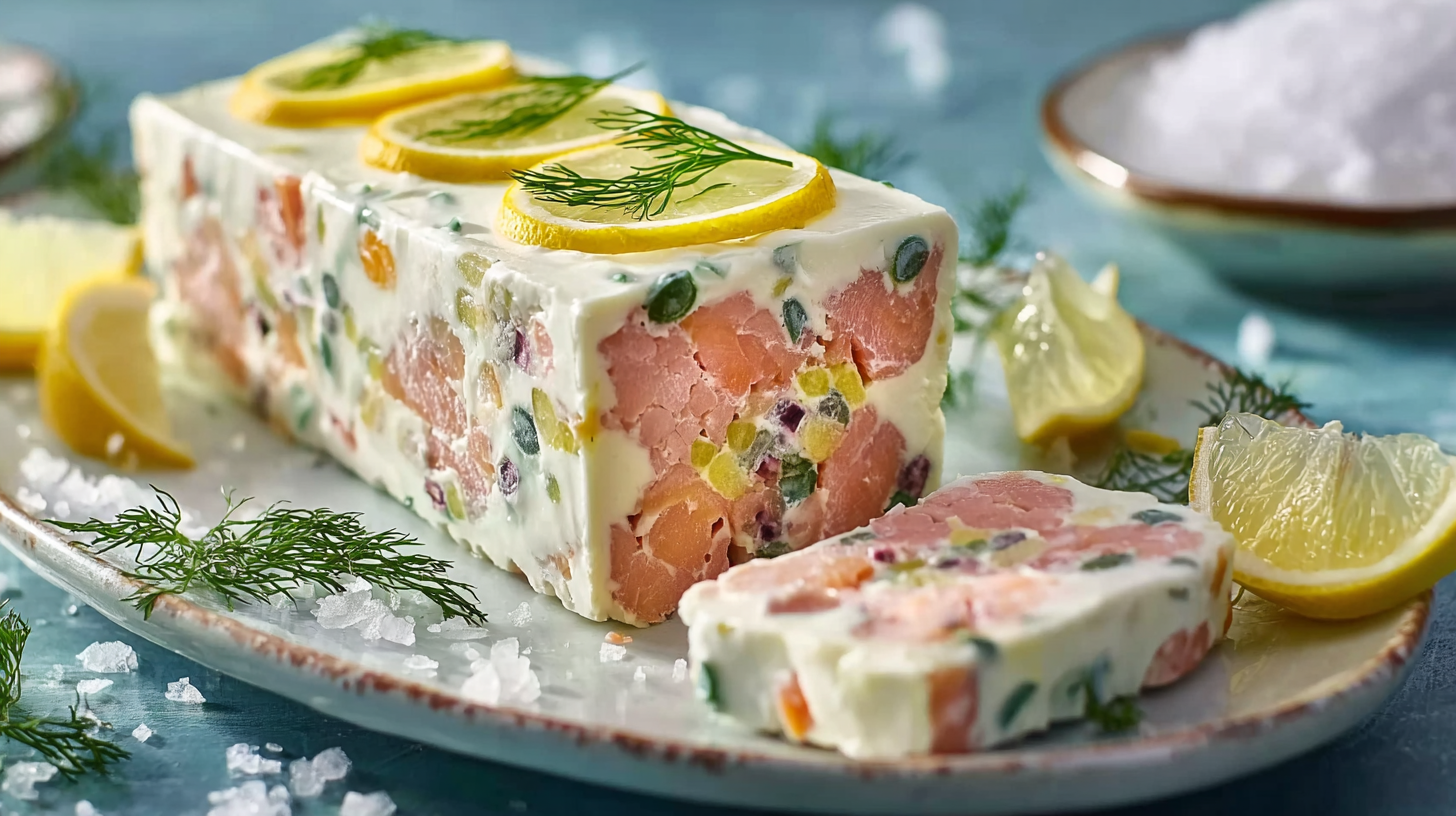 Terrine aux Deux Saumons Sans Gluten : Recette Chic et Facile 4 Terrine aux deux saumons sans gluten sur planche en bois avec aneth et citron