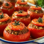 Tomates Farcies à l’Ancienne Sans Gluten : Recette Familiale Authentique 5 Tomates Farcies à l’Ancienne dans un plat rustique sans gluten