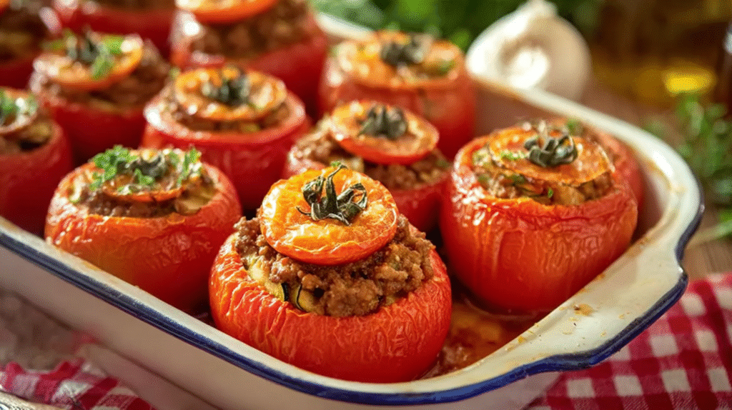 Tomates Farcies à l’Ancienne Sans Gluten : Recette Familiale Authentique 7 Tomates farcies à l’ancienne servies avec du riz et salade