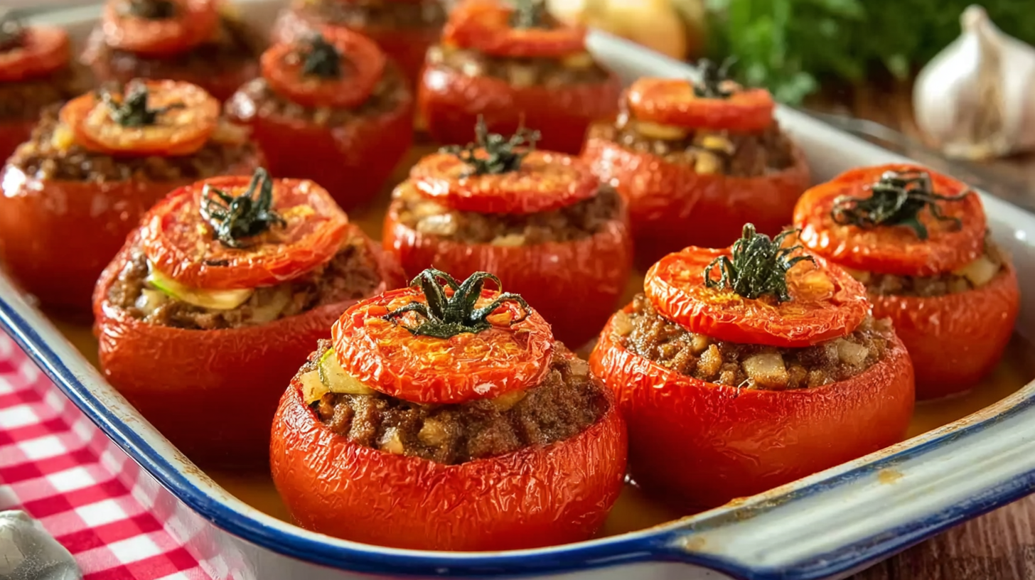 Tomates Farcies à l’Ancienne Sans Gluten : Recette Familiale Authentique 4 Tomates Farcies à l’Ancienne dans un plat rustique sans gluten