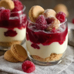 verrines gourmandes aux framboises et crème vanille sur table rustique