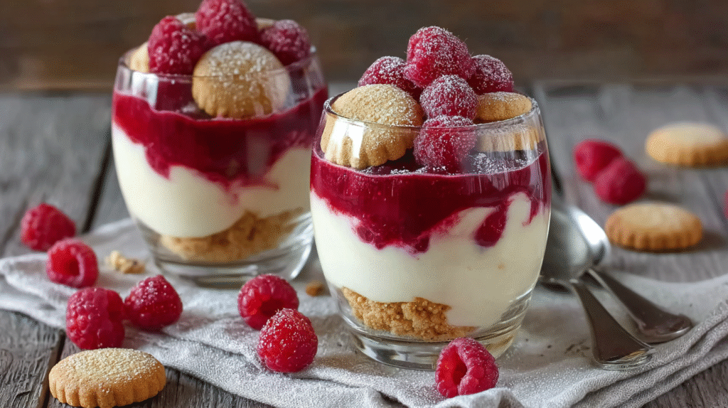 Verrines gourmandes aux framboises et crème vanille : dessert sans gluten ultra frais 7 verrines montées avec crème vanille et framboises