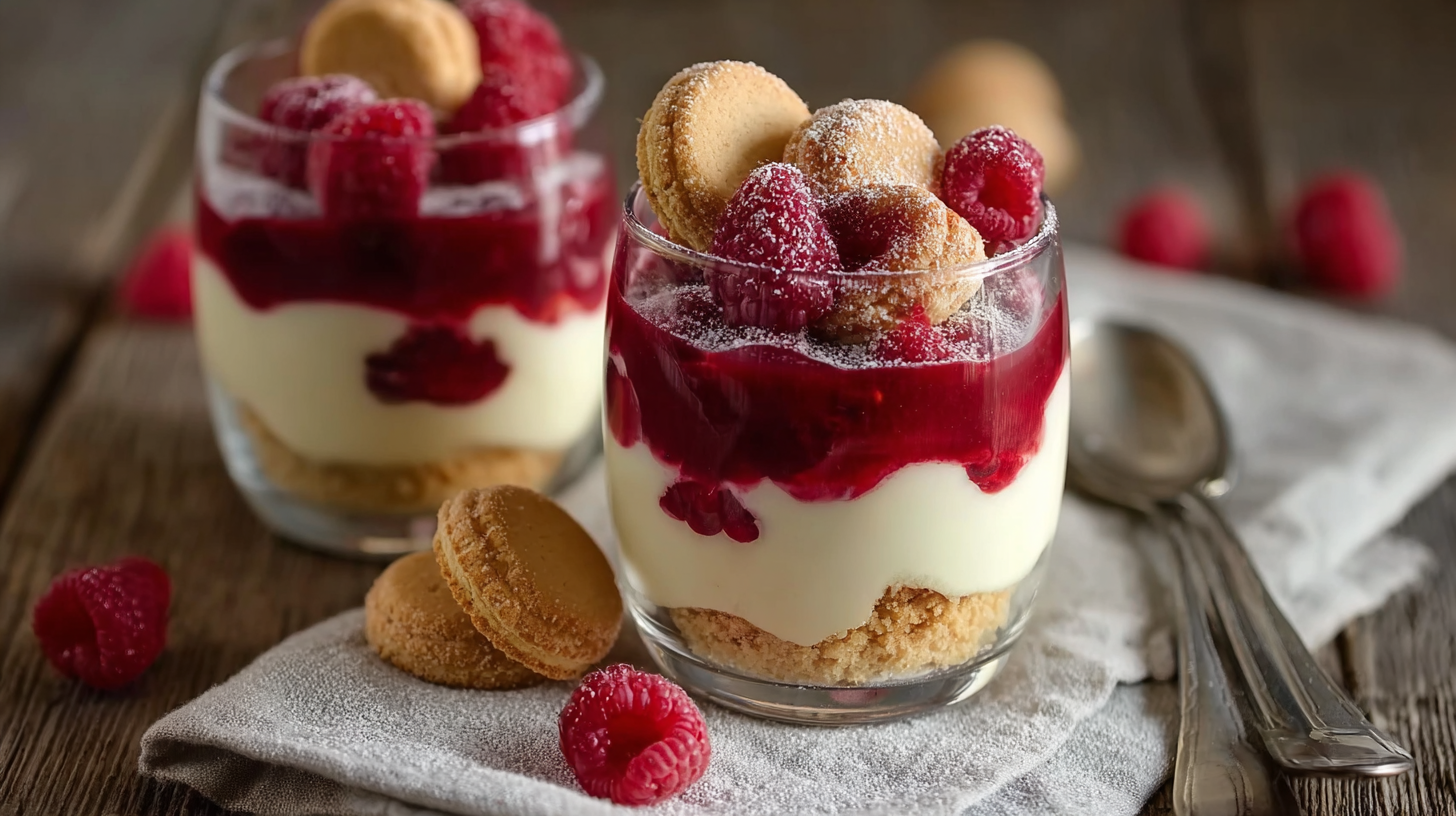 Verrines gourmandes aux framboises et crème vanille : dessert sans gluten ultra frais 4 verrines gourmandes aux framboises et crème vanille sur table rustique