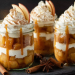 Verrines pommes caramel chantilly sans gluten sur table rustique