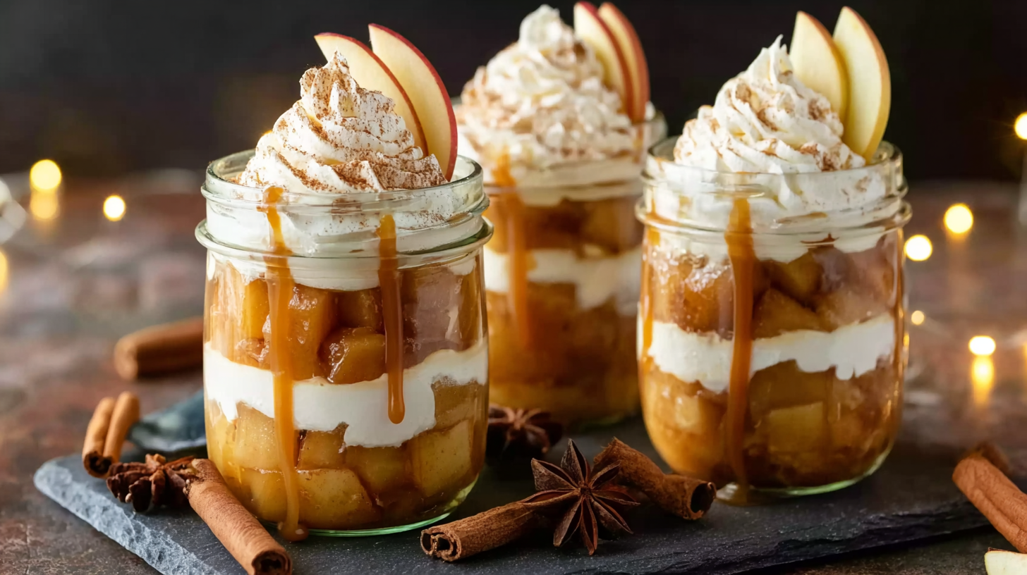 Verrines pommes caramel chantilly sans gluten sur table rustique