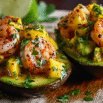 Avocat farci aux crevettes et mangue sur assiette colorée, sans gluten