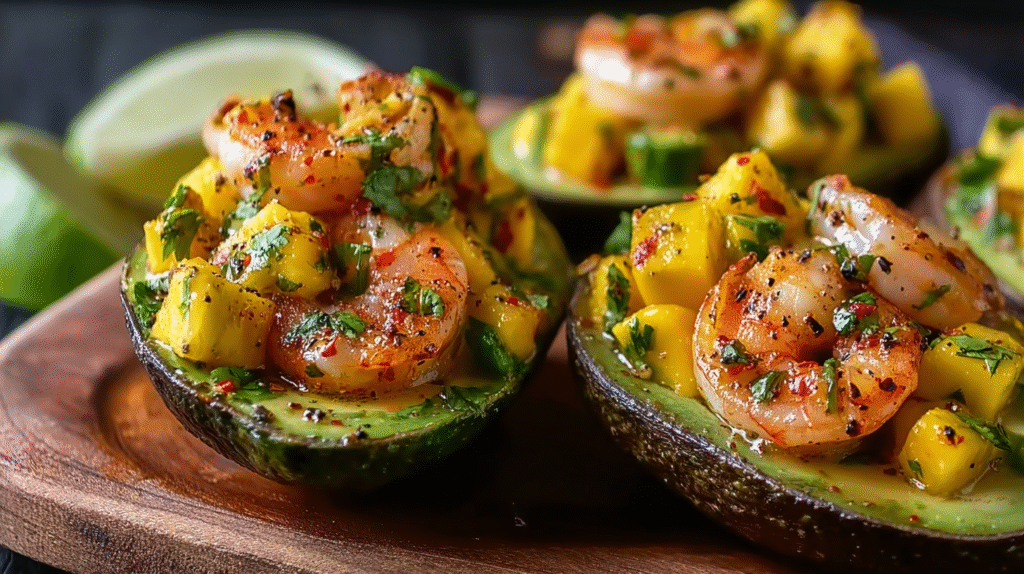 Avocat farci aux crevettes et mangue : recette fraîche, rapide et sans gluten 7 Dressage raffiné d’un avocat farci aux crevettes et mangue