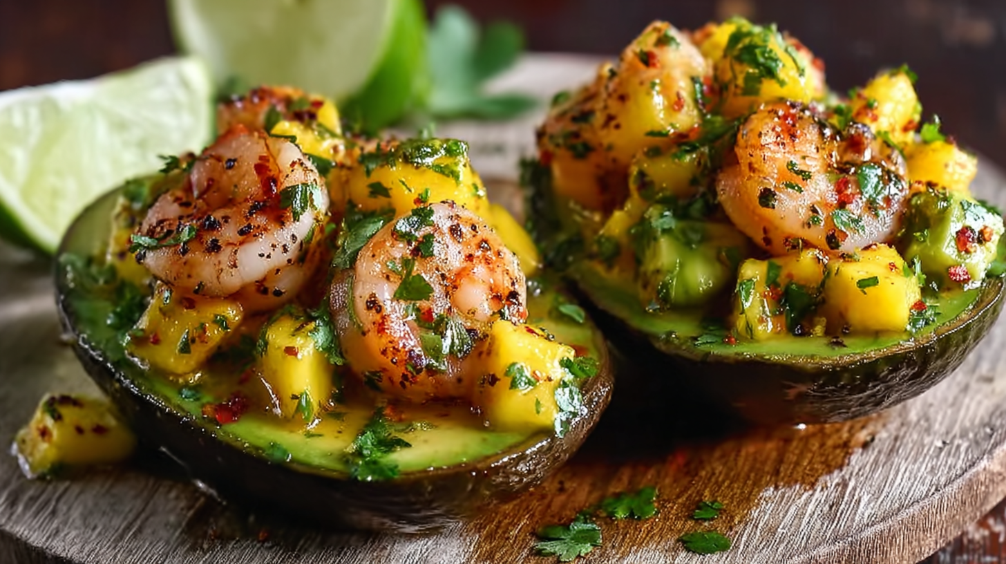 Avocat farci aux crevettes et mangue : recette fraîche, rapide et sans gluten 4 Avocat farci aux crevettes et mangue sur assiette colorée, sans gluten