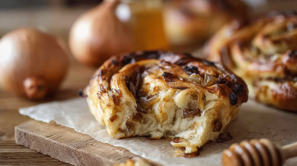 Babka aux oignons sans gluten dorée sur table rustique