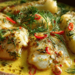 Blanquette de poisson au lait de coco servie dans un plat rustique