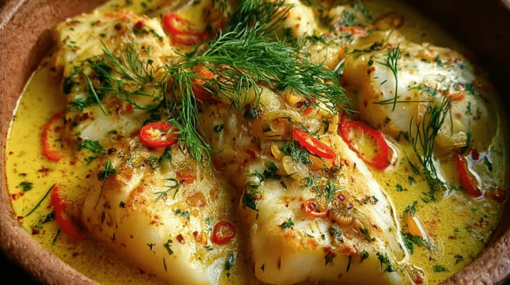 Blanquette de poisson au lait de coco servie avec du riz basmati