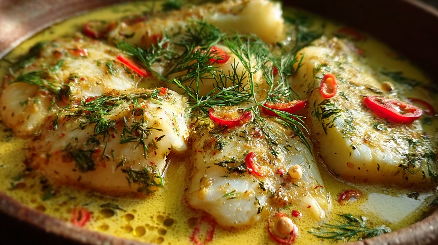 Blanquette de poisson au lait de coco servie dans un plat rustique