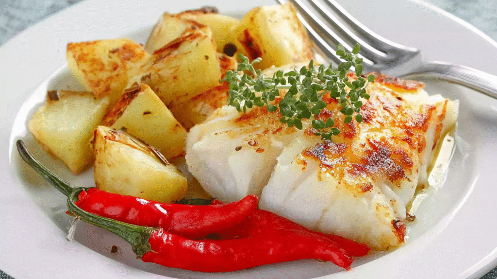 Cabillaud gratiné au four sans gluten dans un plat blanc