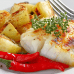 Cabillaud gratiné au four sans gluten dans un plat blanc