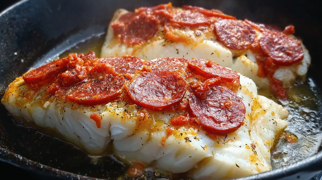 Cabillaud sauté au chorizo avec purée et légumes sans gluten
