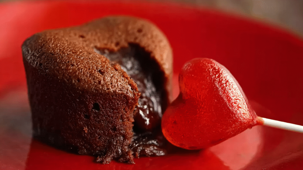 Présentation finale du cœur coulant au chocolat noir sans gluten