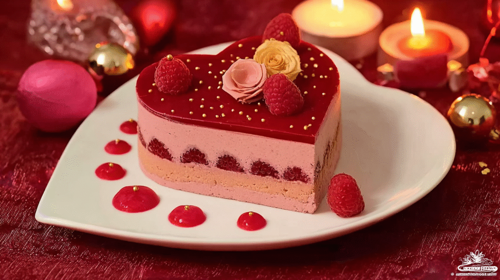 Cœur gourmand aux pralines sans gluten avec framboises fraîches