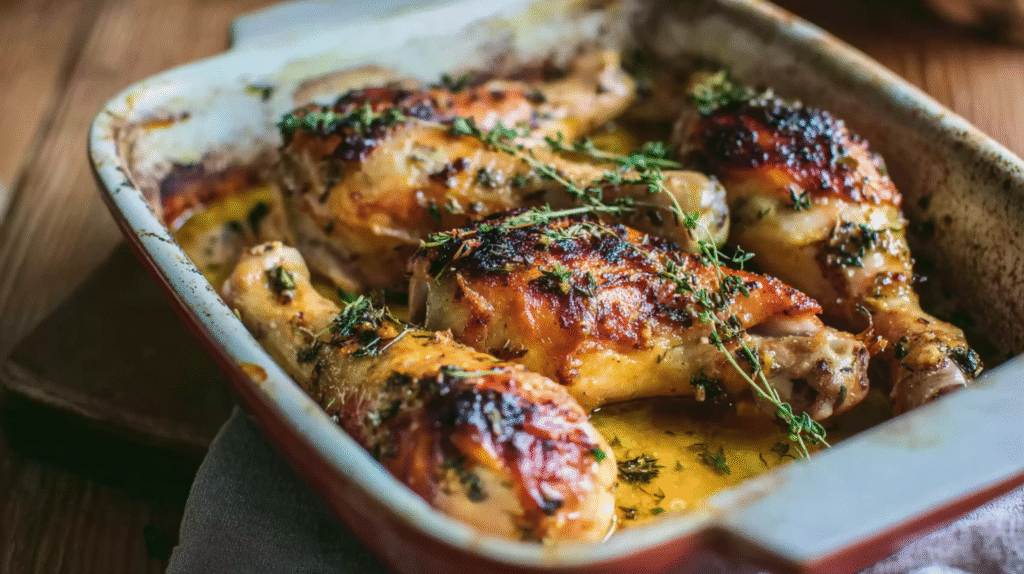 Cuisses de poulet au miel et à la moutarde servies avec légumes