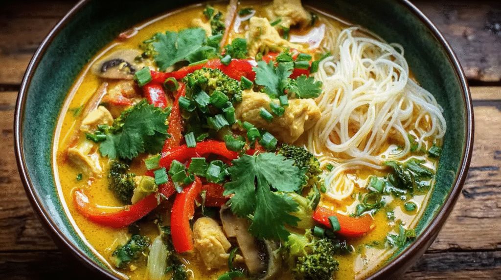 Curry Thaï de Nouilles sans gluten servi dans un bol rustique