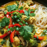 Curry Thaï de Nouilles sans gluten servi dans un bol rustique