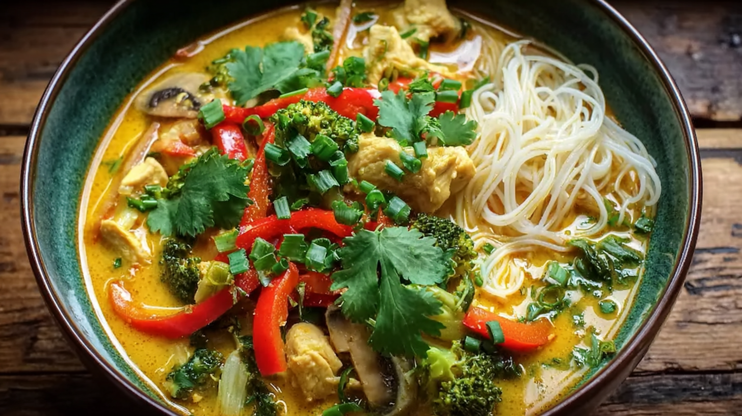 Curry Thaï de Nouilles sans gluten servi dans un bol rustique