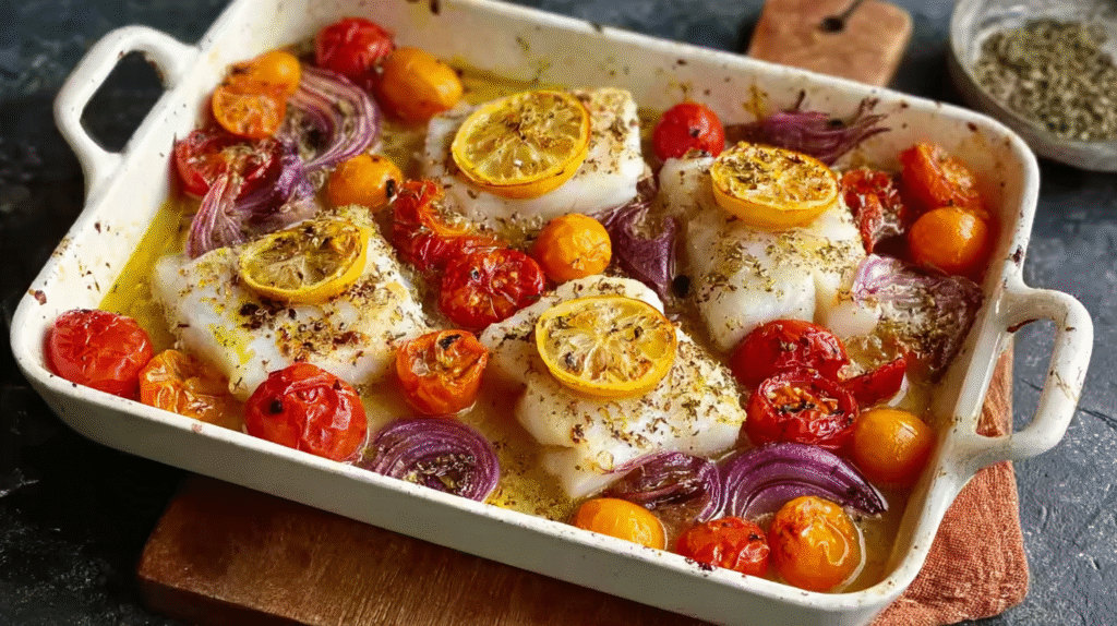 Dos de cabillaud au four avec tomates cerises et citron