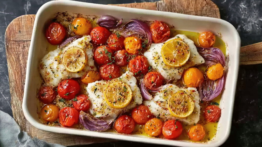 Dos de cabillaud au four servi avec légumes et quinoa