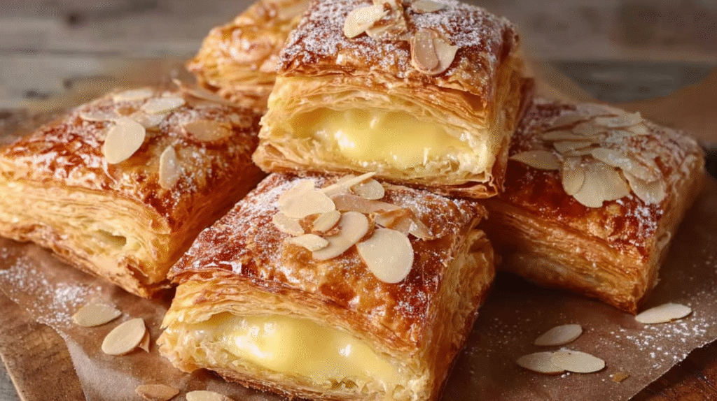 Feuilletés aux amandes et à la crème sans gluten sur table rustique