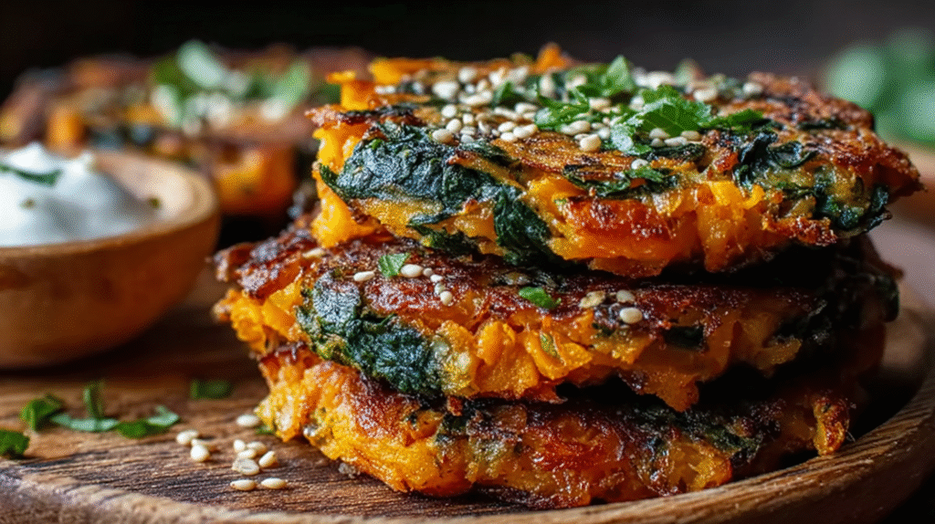 Galettes patate douce et épinards sans gluten dorées sur table rustique