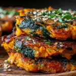 Galettes patate douce et épinards sans gluten dorées sur table rustique