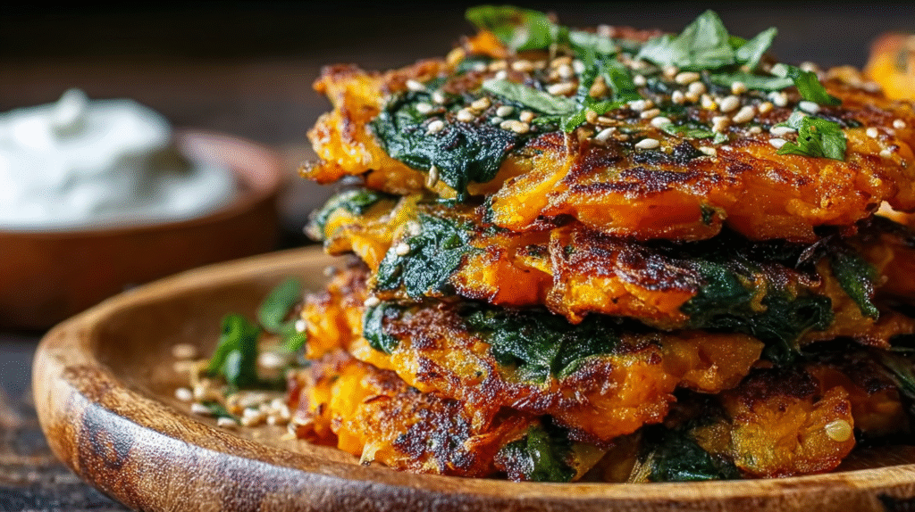 Assiette de galettes patate douce et épinards avec salade et sauce
