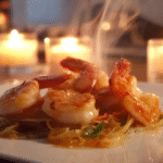 gambas flambées au pastis sur assiette rustique sans gluten