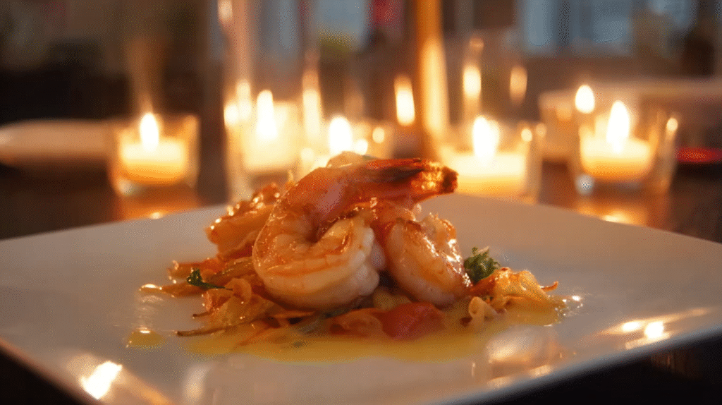 dressage élégant des gambas flambées au pastis