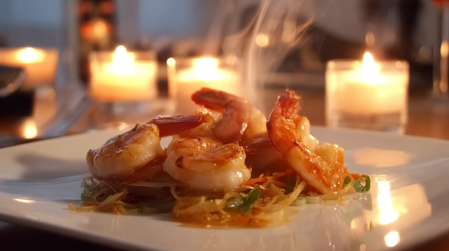 gambas flambées au pastis sur assiette rustique sans gluten