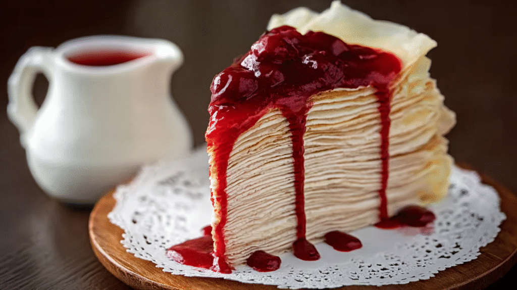 Part de gâteau de crêpes sans gluten avec coulis de fruits rouges
