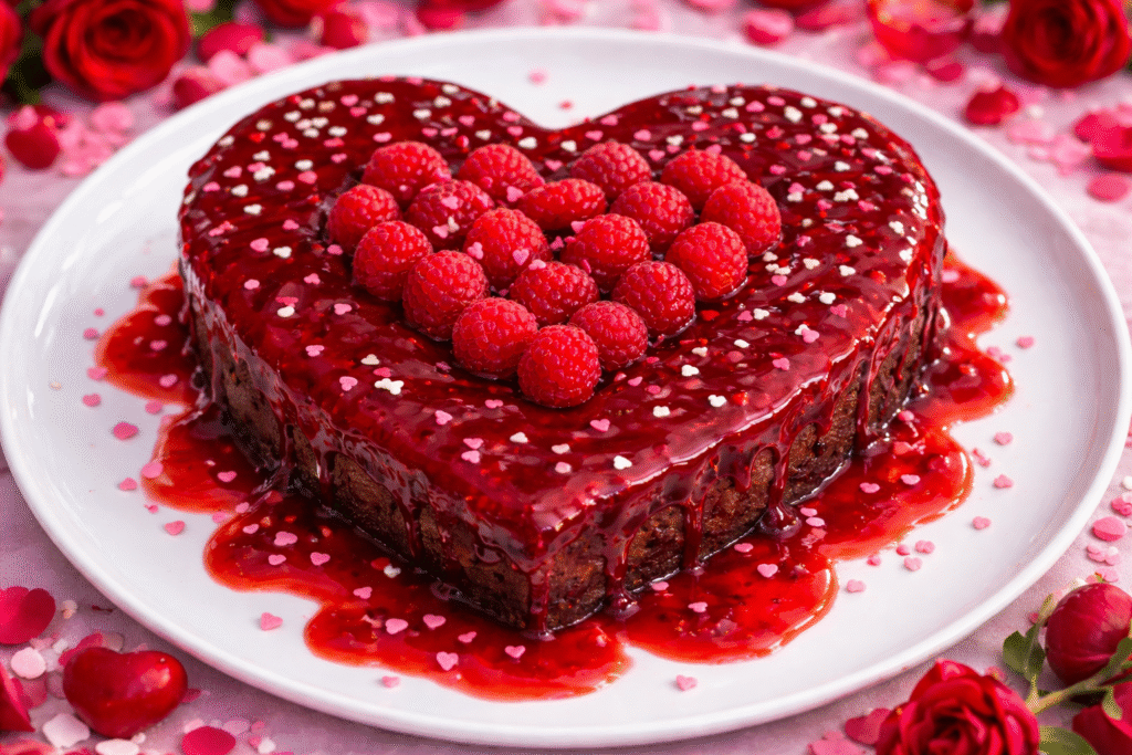 Gâteau aux framboises décoré pour la Saint-Valentin