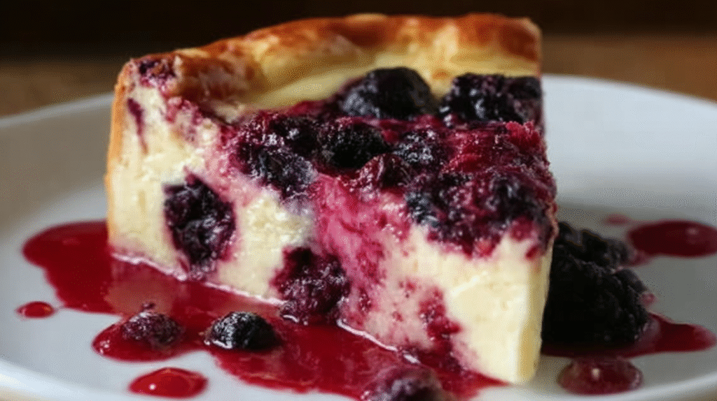 Gâteau au fromage blanc et aux fruits rouges sans gluten sur assiette rustique