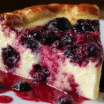 Gâteau au fromage blanc et aux fruits rouges sans gluten sur assiette rustique