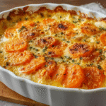Gratin de carottes sans gluten doré dans un plat rustique