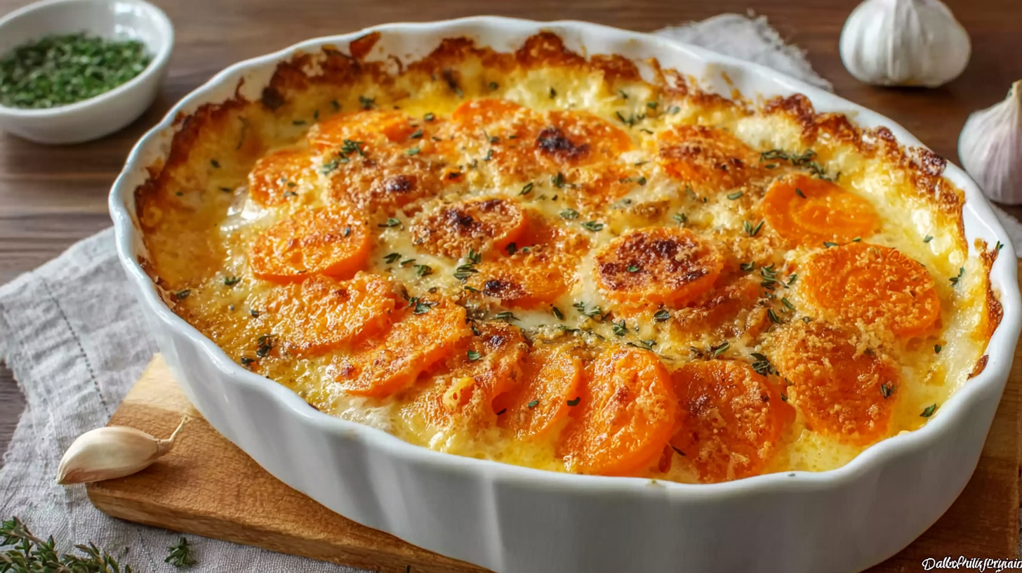 Gratin de carottes sans gluten doré dans un plat rustique