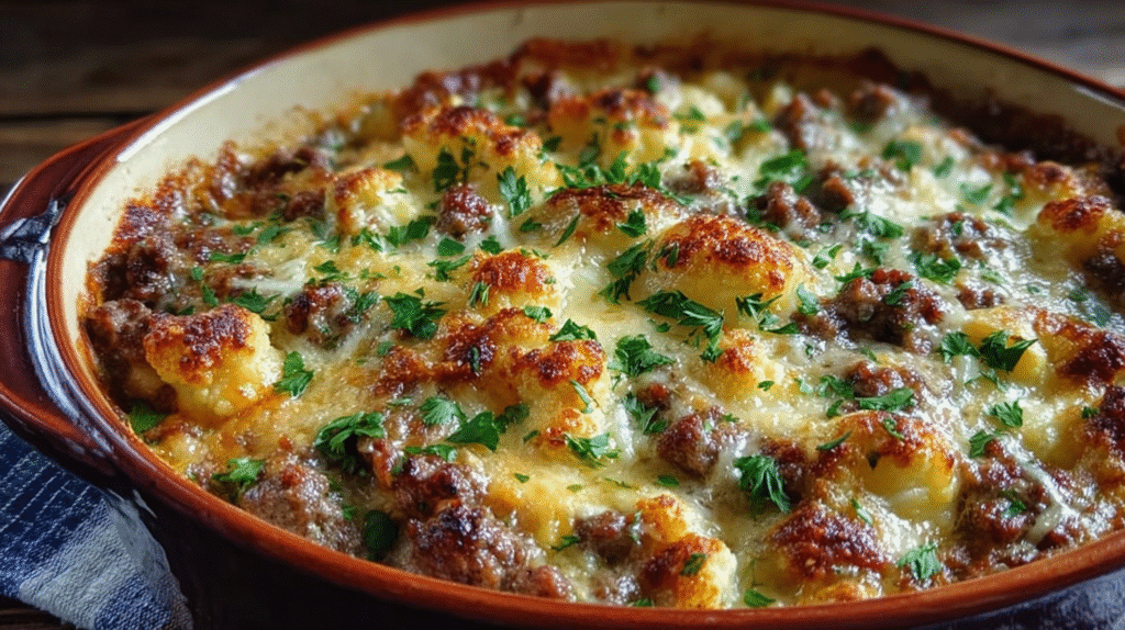 gratin de viande hachée sans gluten servie avec salade