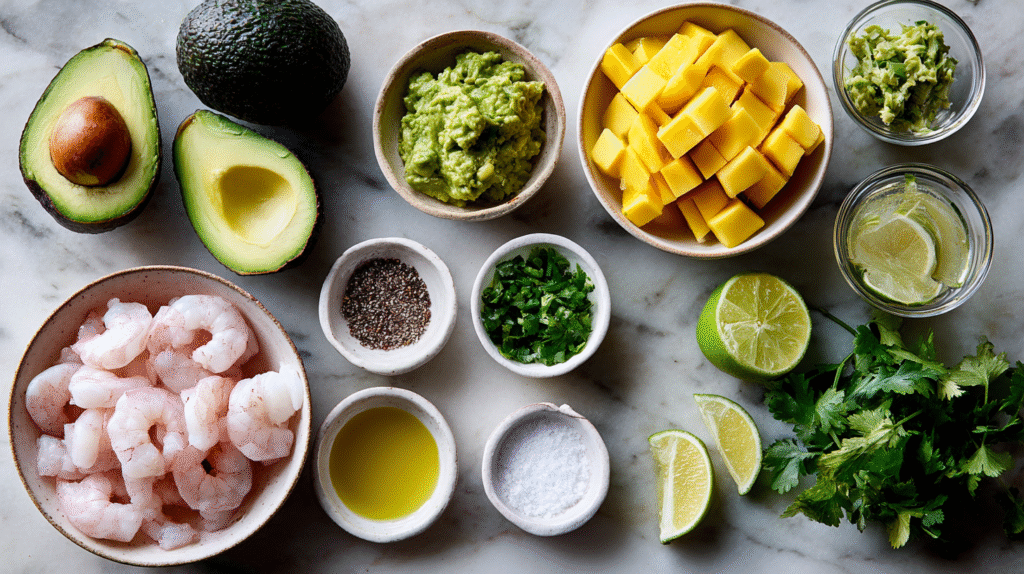 Avocat farci aux crevettes et mangue : recette fraîche, rapide et sans gluten 6 Ingrédients sans gluten pour avocat farci aux crevettes et mangue