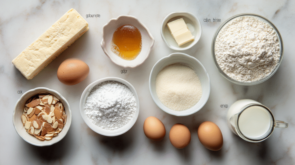 Ingrédients pour feuilletés aux amandes et à la crème sans gluten