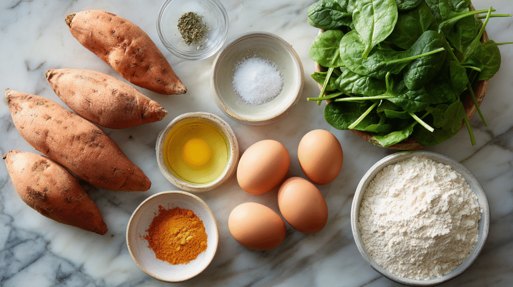 Ingrédients pour galettes patate douce et épinards sans gluten