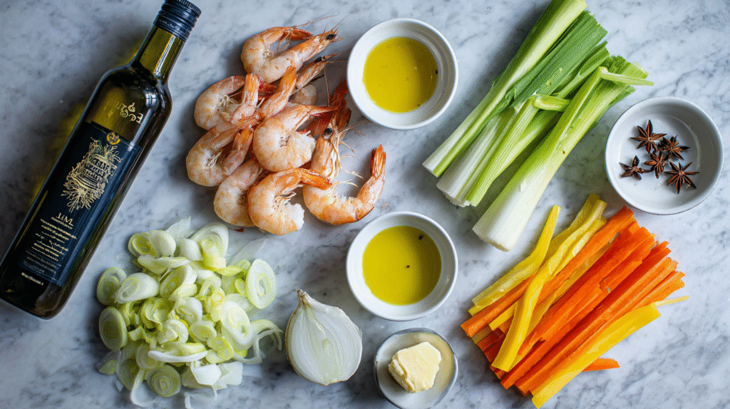 ingrédients frais pour gambas flambées au pastis sans gluten