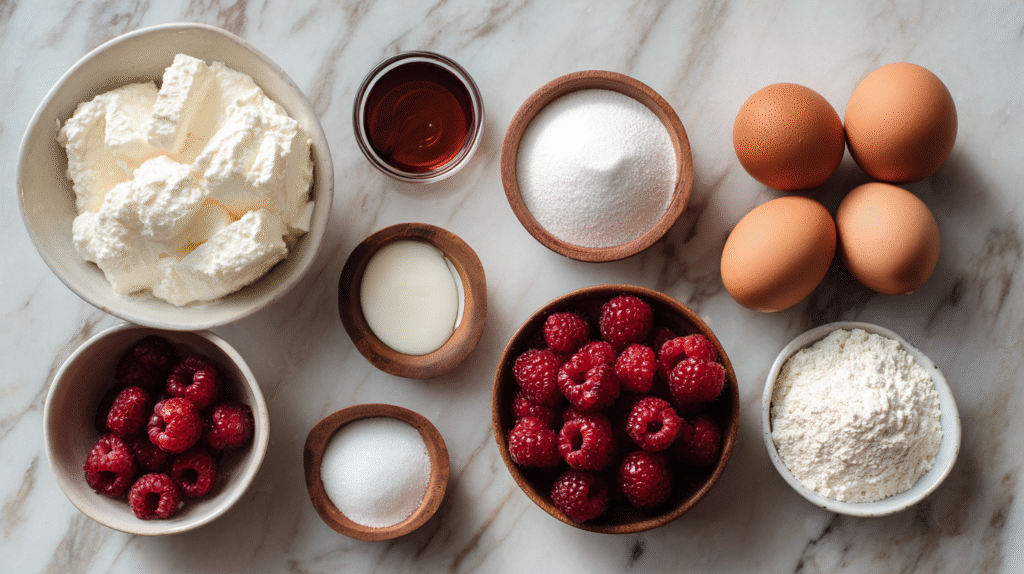Ingrédients sans gluten pour gâteau au fromage blanc et fruits rouges