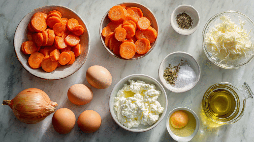 Ingrédients frais pour gratin de carottes sans gluten